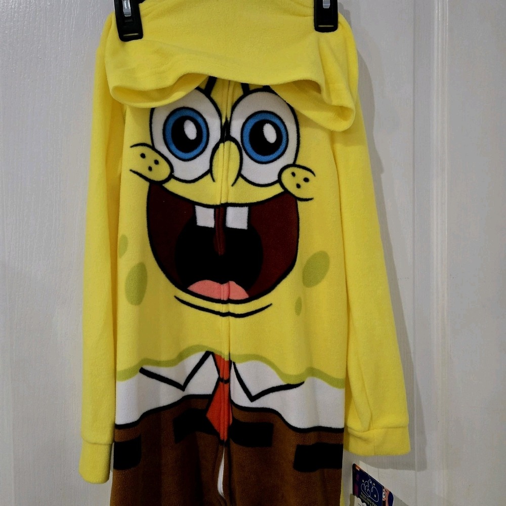 Kids NWT SpongeBob One Piece Zip‎ Pajama, Size 8 Play Costume Sleep Yellow - Picture 2 of 13